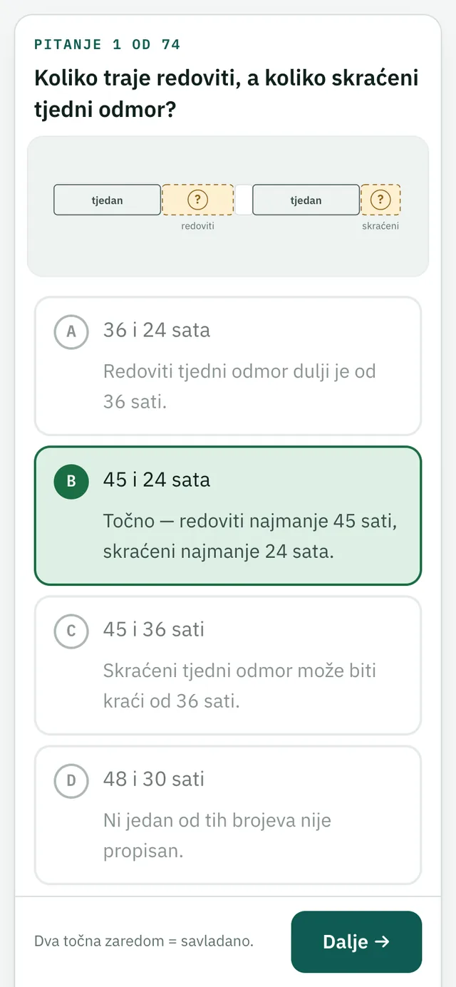 Pitanje za vježbu s četiri odgovora, gdje se svaki odgovor objašnjava nakon rješavanja